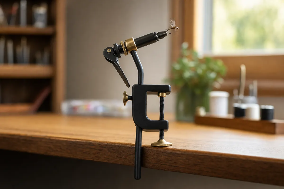 Tailwater rotary fly tying vise clamped to a wooden workbench