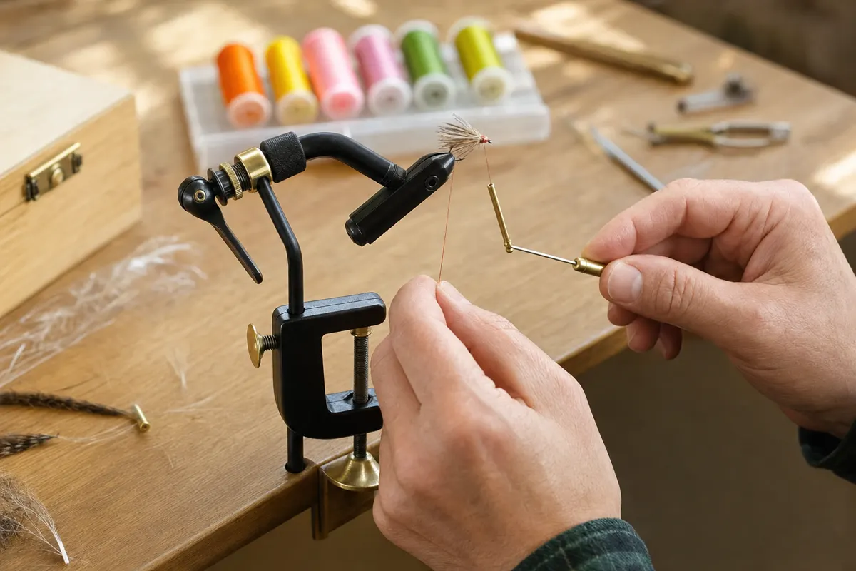 Tying a fly on the Tailwater vise, thread spools nearby